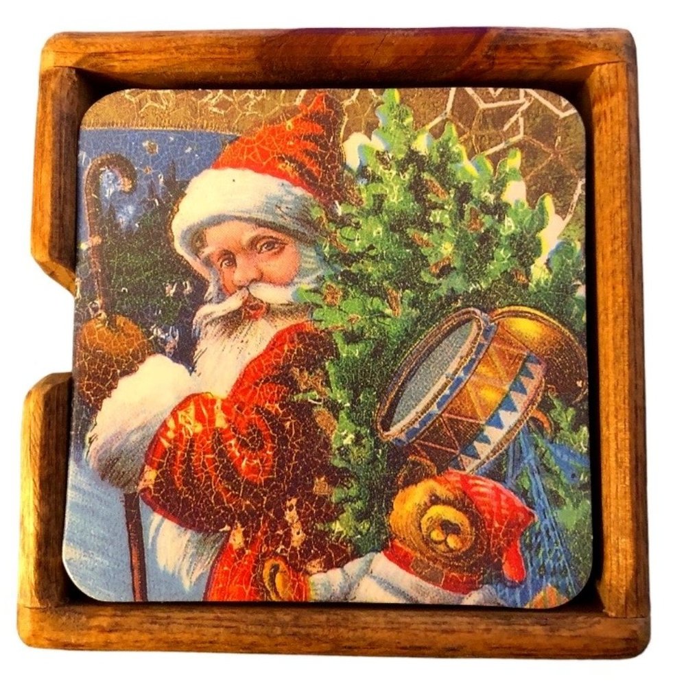 Vtg: 5 Cork-backed Christmas Santa Coasters with Wooden Holder Holiday Set X-Mas